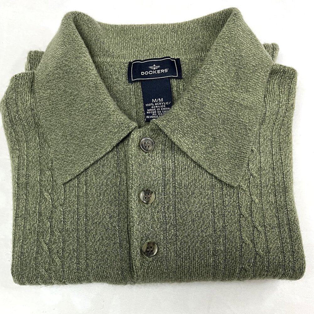 Dockers Sweater Pullover Olive Green Cable Knit Front Mens Size M
